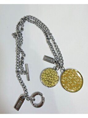 Coach 20" Silver Tone Chain Necklace Logo Tags 2 Gold Face Logo Pendants Toggle
